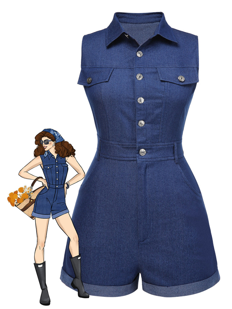She finds her 1970s story in this 1970s Solid Cotton Sleeveless Denim Romper