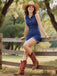 1970s Solid Cotton Sleeveless Denim Romper: timeless 1970s elegance she makes her own