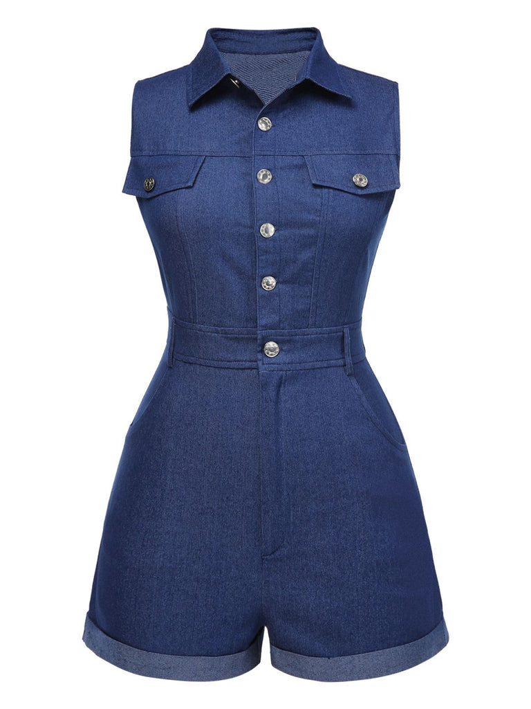 1970s Solid Cotton Sleeveless Denim Romper — 1970s vintage charm for her modern wardrobe