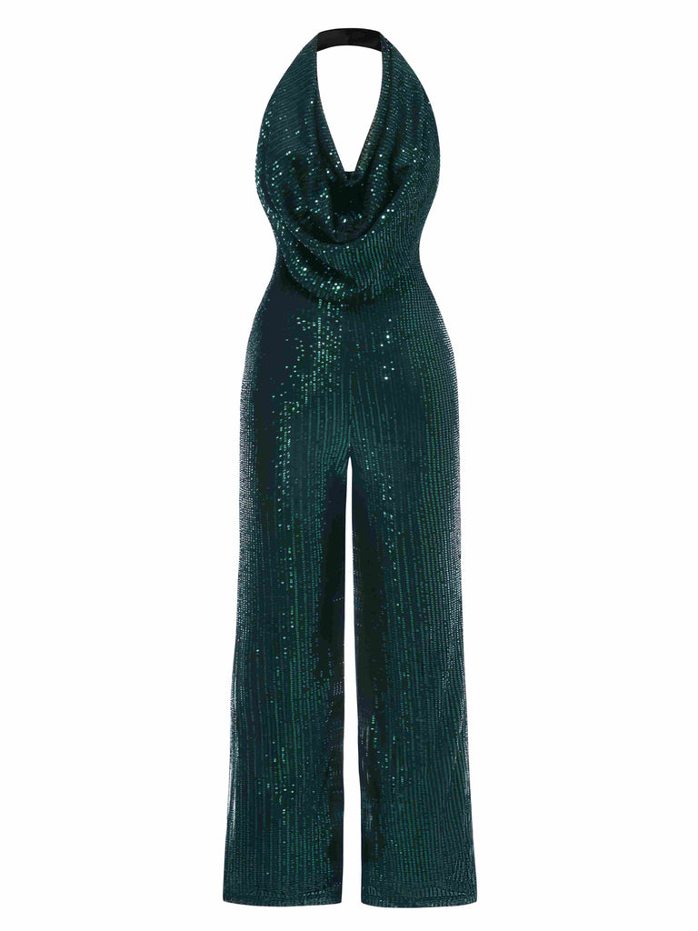 1970s Solid Cowl Neck Halter Sequined Jumpsuit - vintage jumpsuit, retro fashion