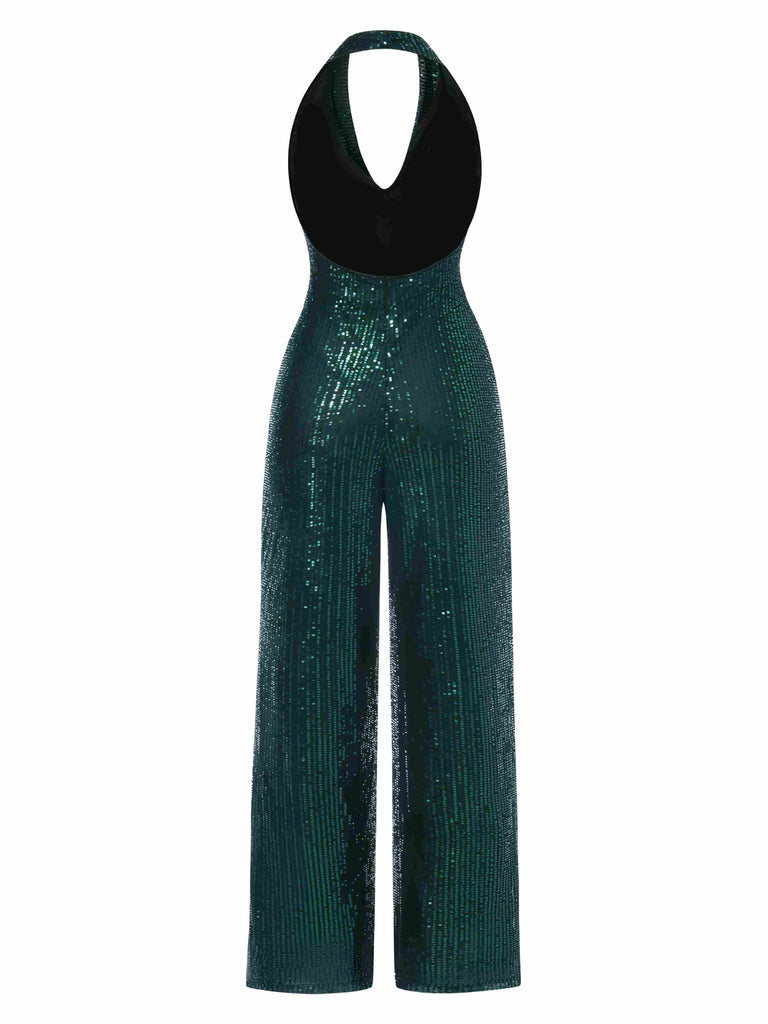 1970s Solid Cowl Neck Halter Sequined Jumpsuit - vintage jumpsuit, retro fashion