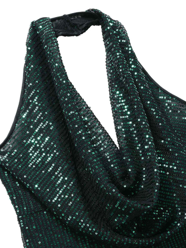 1970s Solid Cowl Neck Halter Sequined Jumpsuit - vintage jumpsuit, retro fashion