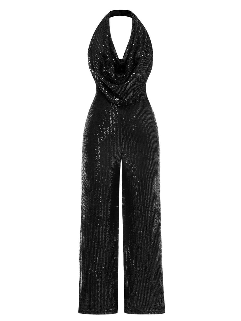 1970s Solid Cowl Neck Halter Sequined Jumpsuit - vintage jumpsuit, retro fashion