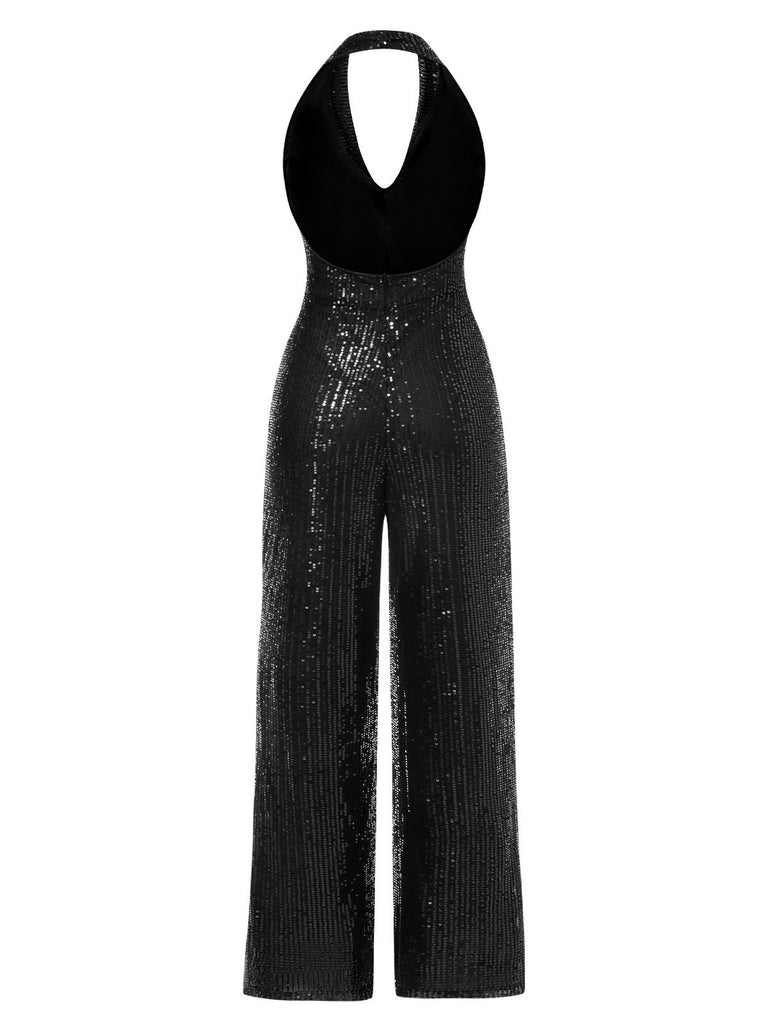 1970s Solid Cowl Neck Halter Sequined Jumpsuit - vintage jumpsuit, retro fashion