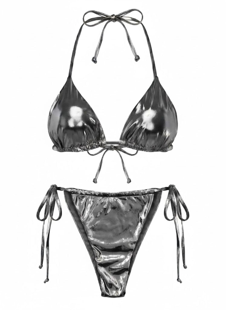 1970s Solid Halter Metallic Bikini Set, vintage swimsuit, pin-up swimwear - perfect for women who love vintage and retro fashion