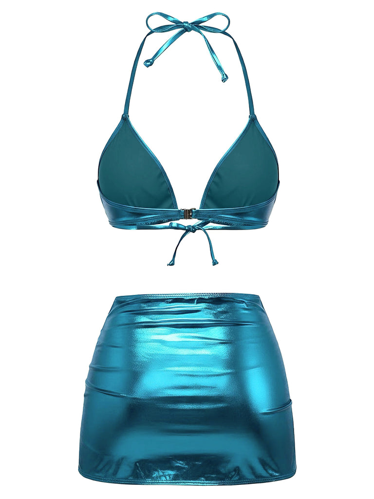 1970s Solid Halter Metallic Bikini Set, vintage swimsuit, pin-up swimwear - perfect for women who love vintage and retro fashion