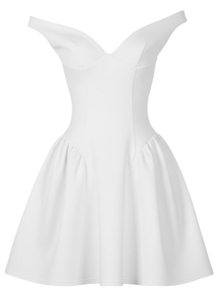 1970s Solid Off-Shoulder Deep V-Neck Skater Dress - vintage dress, retro fashion