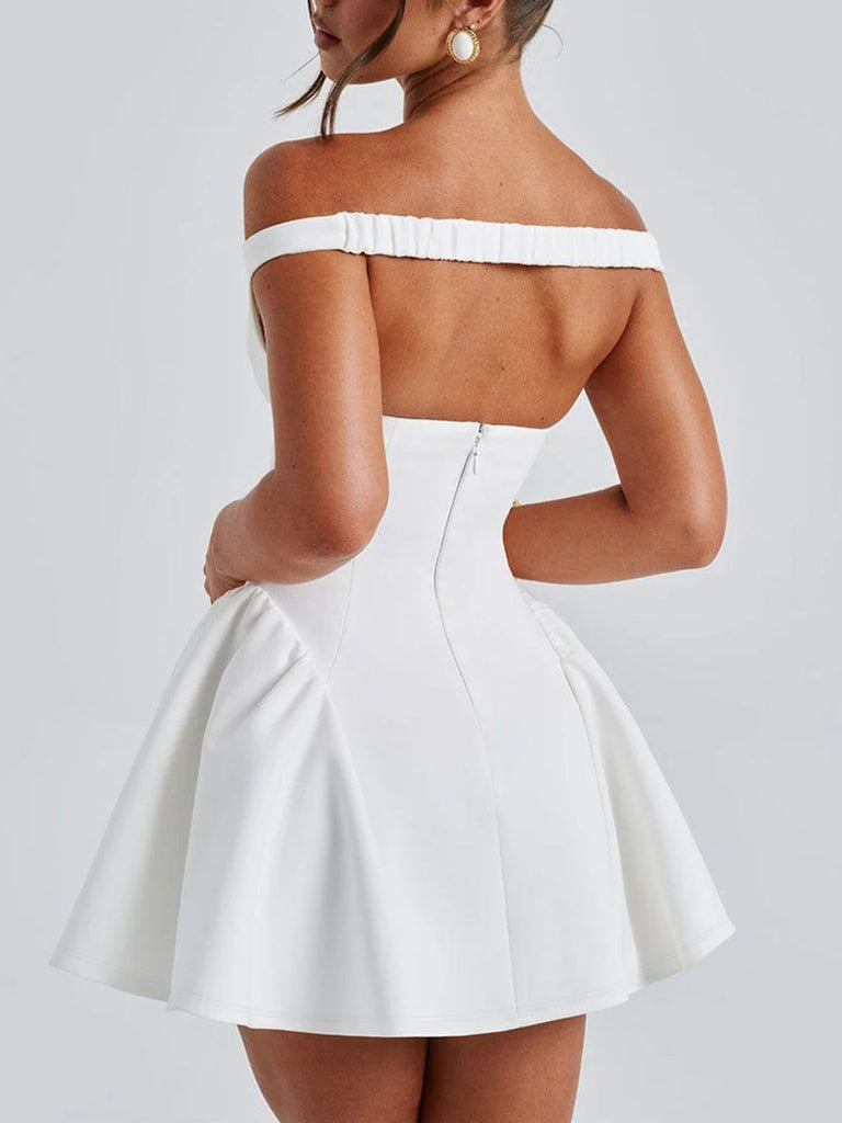 1970s Solid Off-Shoulder Deep V-Neck Skater Dress - vintage dress, retro fashion