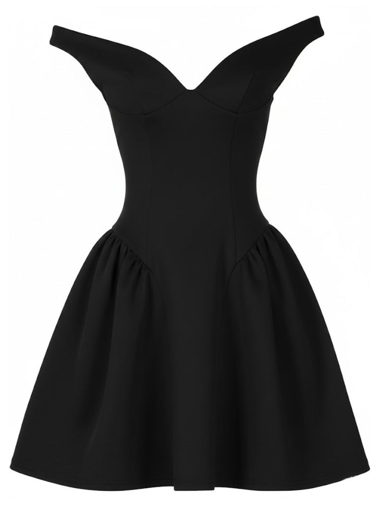 1970s Solid Off-Shoulder Deep V-Neck Skater Dress - vintage dress, retro fashion