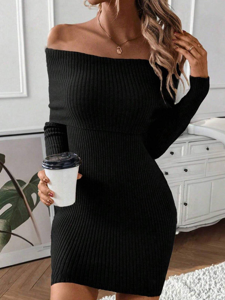 1970s Solid Off-Shoulder Ribbed Knit Dress — a 1970s silhouette that turns sidewalks into runways