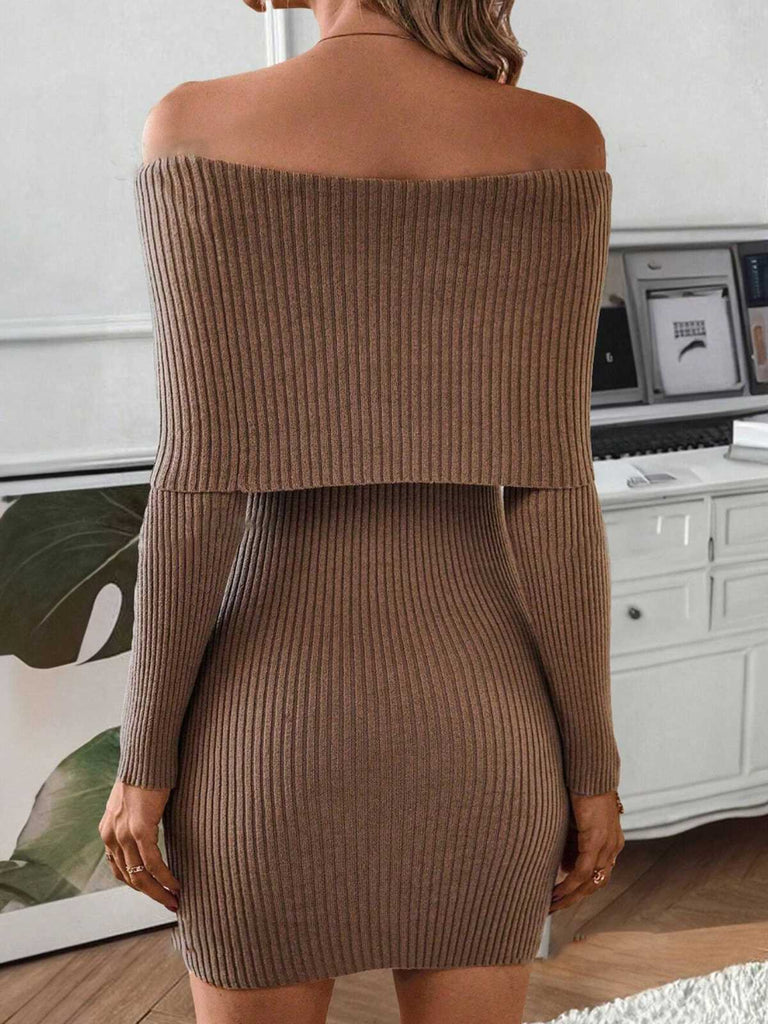 1970s Solid Off-Shoulder Ribbed Knit Dress: where 1970s romance meets her modern spirit