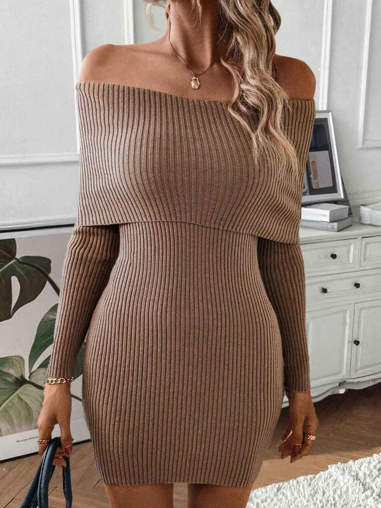 This 1970s Solid Off-Shoulder Ribbed Knit Dress wraps her in 1970s elegance, one twirl at a time