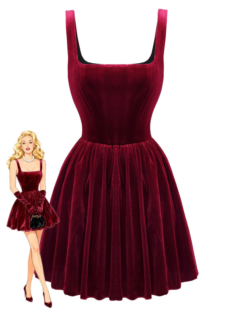 1970s mini dress Wine Red Solid Square Neck Straps Velvet Mini Dress