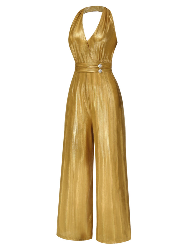 This 1970s Solid V-Neck Halter Jumpsuit whispers 1970s secrets to those who notice