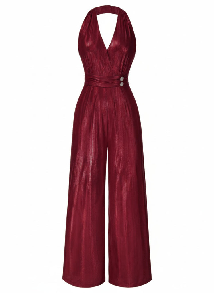 This 1970s Solid V-Neck Halter Jumpsuit whispers 1970s secrets to those who notice