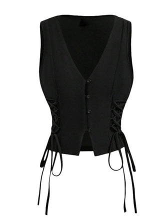 1970s Solid Waist-Tie V-Neck Vest - vintage fashion, retro style