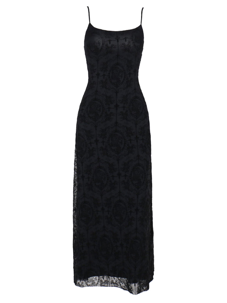 1970s Spaghetti Strap Gothic Black Lace Maxi Dress, vintage dress, retro fashion, lace detail - perfect for women who love vintage and retro fashion