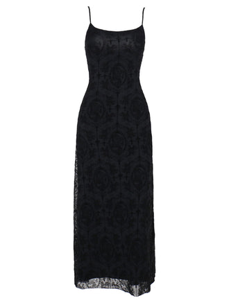 1970s Spaghetti Strap Gothic Black Lace Maxi Dress, vintage dress, retro fashion, lace detail - perfect for women who love vintage and retro fashion