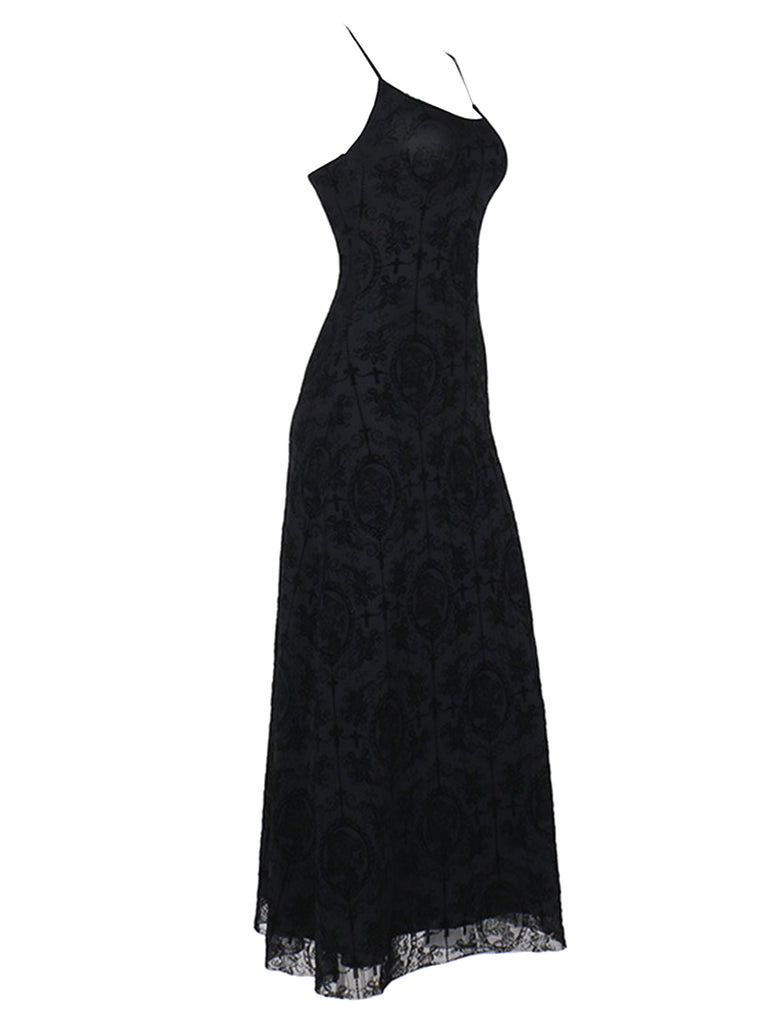 1970s Spaghetti Strap Gothic Black Lace Maxi Dress, vintage dress, retro fashion, lace detail - perfect for women who love vintage and retro fashion