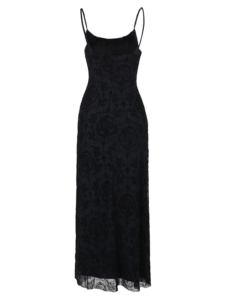 1970s Spaghetti Strap Gothic Black Lace Maxi Dress, vintage dress, retro fashion, lace detail - perfect for women who love vintage and retro fashion