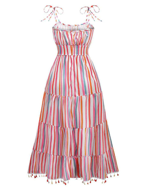 rainbow tiered maxi dress Women's Rainbow Stripes Spaghetti Strap Tiered Dress Pale Pink