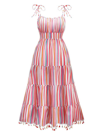 She slips into this 1970s Spaghetti Strap Rainbow Stripes Tiered Dress and suddenly it's a 1970s daydream