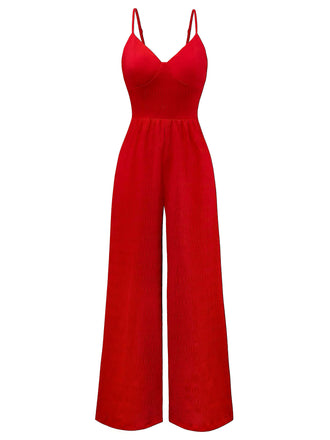 1970s Spaghetti Strap Textured Solid Jumpsuit - vintage jumpsuit, retro fashion, elegant red