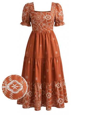 Plus Size Brown 1950s Square Neck Vintage Dress