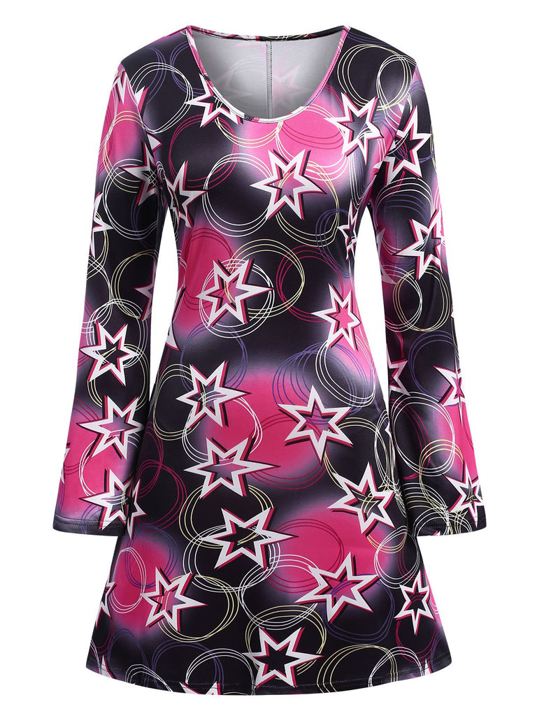 1970s Stars Disco Hippie Style Dress With Scarf