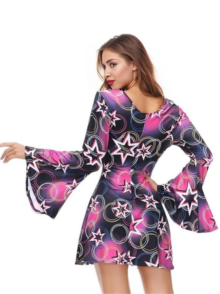 She slips into this 1970s Stars Disco Hippie Style Dress With Scarf and suddenly it's a 1970s daydream