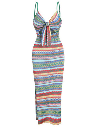 1970s Strap Colorful Stripes Lace-Up Boho Dress - vintage dress, retro fashion