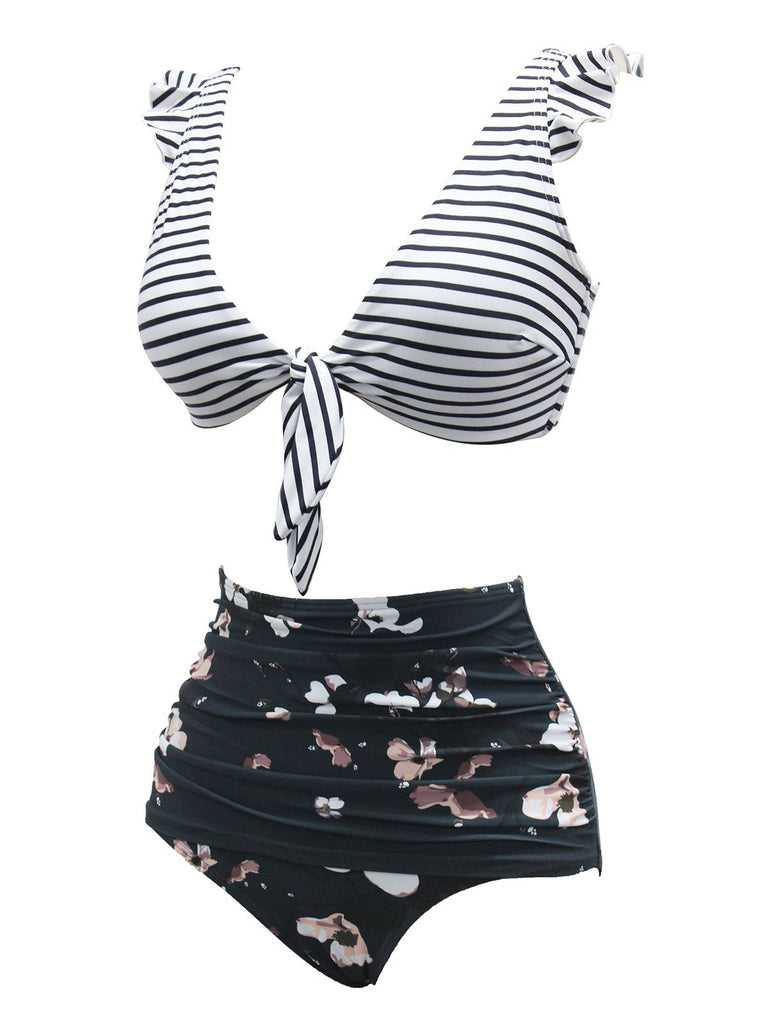 1970s Strap Stripes Floral Swimsuit: 1970s Riviera elegance, reimagined for her