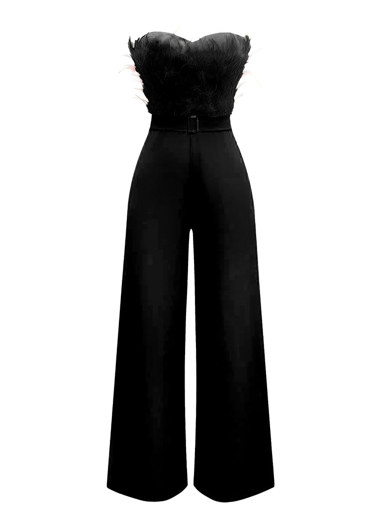 1970s Strapless Feather Solid Jumpsuit - vintage jumpsuit, retro fashion