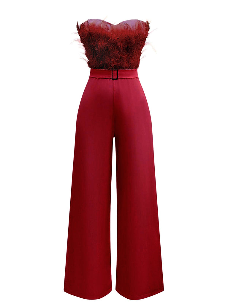 1970s Strapless Feather Solid Jumpsuit - vintage jumpsuit, retro fashion