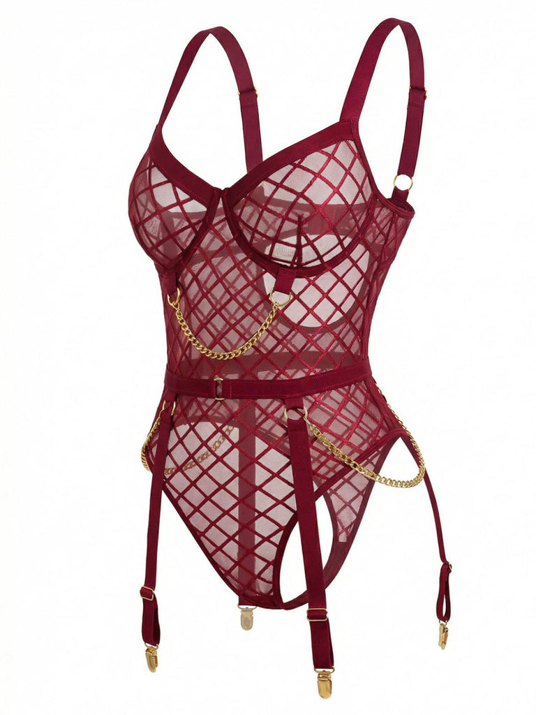 1970s Strappy Chain Accents Sheer Mesh Lingerie - vintage fashion, retro style