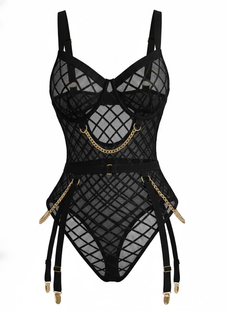 1970s Strappy Chain Accents Sheer Mesh Lingerie - vintage fashion, retro style