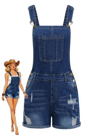 She finds her 1970s story in this 1970s Stretch Ripped Denim Overall Romper