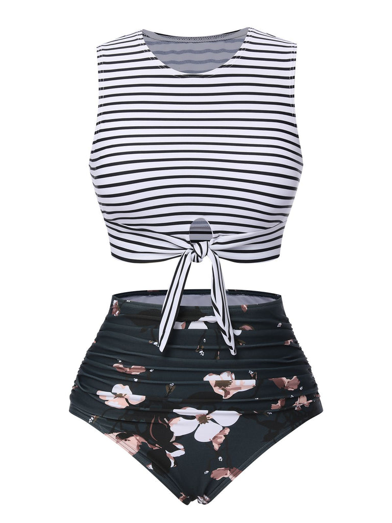 1970s Striped Waist Tie Floral Tankini Set, classic vintage style elegant retro fashion - Image 1