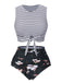 1970s Striped Waist Tie Floral Tankini Set, classic vintage style elegant retro fashion - Image 1