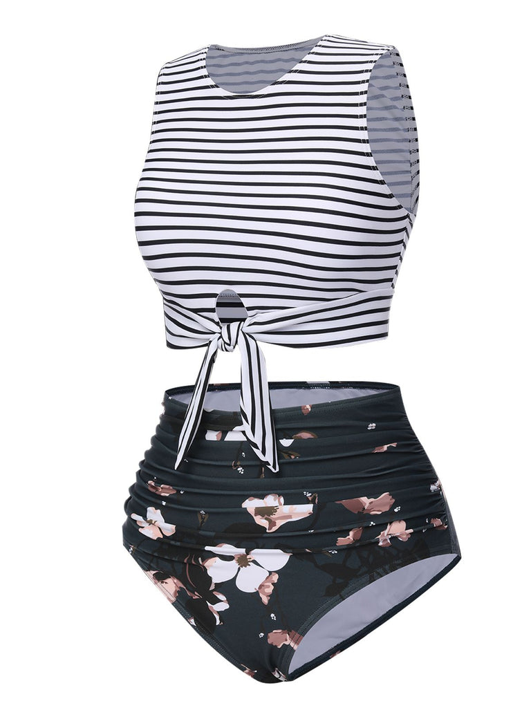 1970s Striped Waist Tie Floral Tankini Set, classic vintage style elegant retro fashion - Image 2