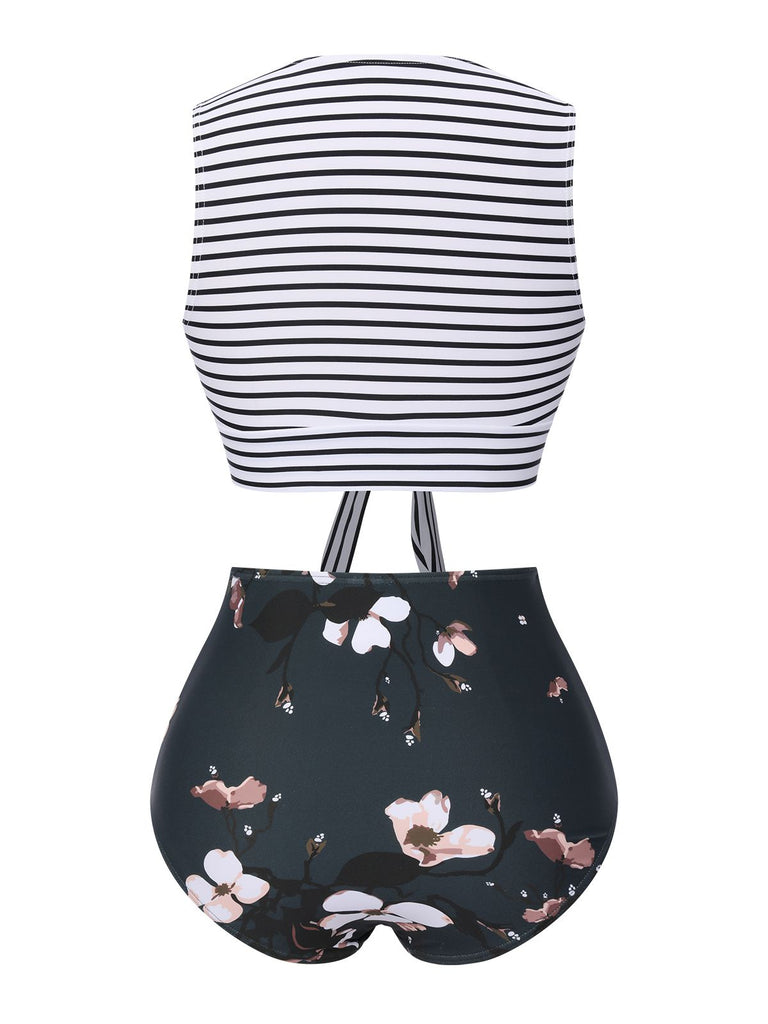 1970s Striped Waist Tie Floral Tankini Set, classic vintage style elegant retro fashion - Image 3