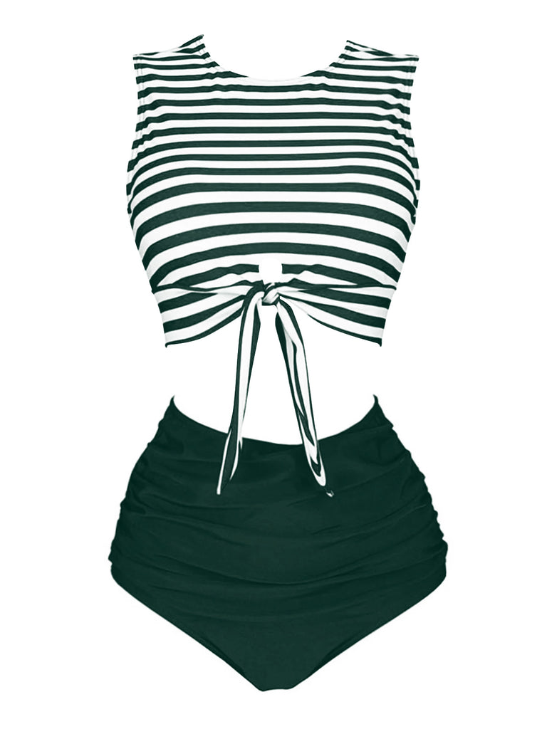 Green 1970s Striped Waist Tie Patchwork Swimsuit, classic vintage style summer beach collection - Image 1