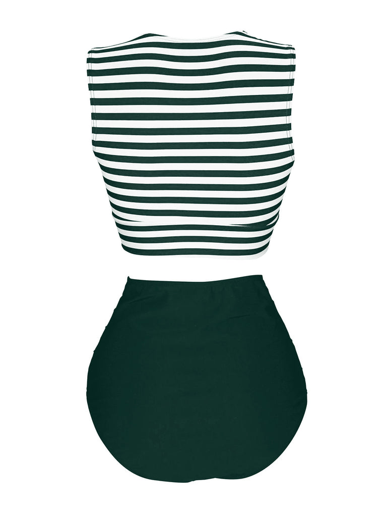 Green 1970s Striped Waist Tie Patchwork Swimsuit, classic vintage style summer beach collection - Image 2