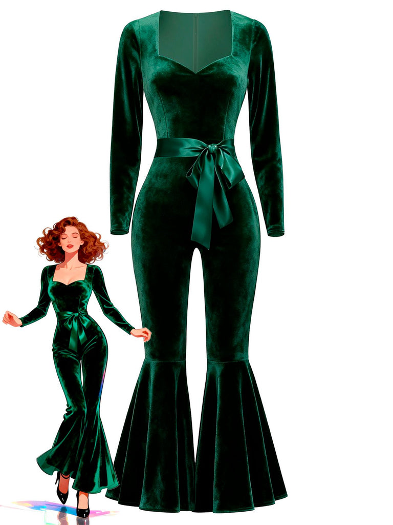 1970s Sweetheart Flare Leg Velvet Jumpsuit - vintage jumpsuit, retro fashion