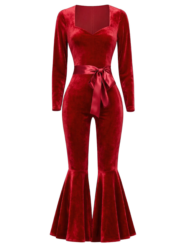 1970s Sweetheart Flare Leg Velvet Jumpsuit - vintage jumpsuit, retro fashion