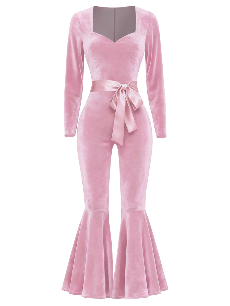 1970s Sweetheart Flare Leg Velvet Jumpsuit - vintage jumpsuit, retro fashion