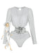 2PCS Silver 1970s 3D Floral Cutout One-Piece Swimsuit & Cover-Up - vintage swimsuit, pin-up style