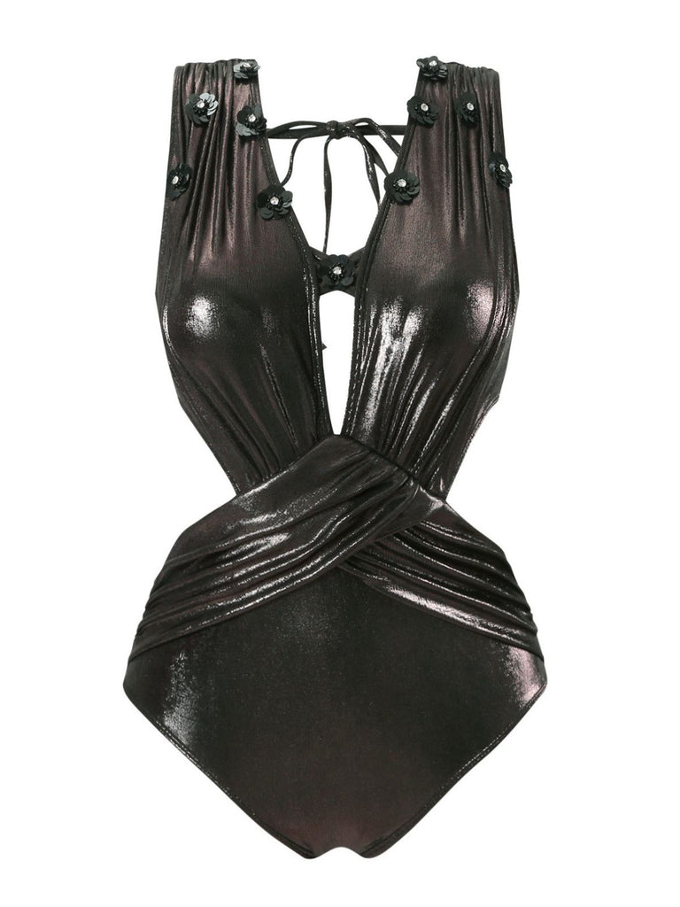 Black 1970s Solid Appliques Strappy Glossy One-Piece Swimsuit - vintage swimsuit, pin-up style, classic black