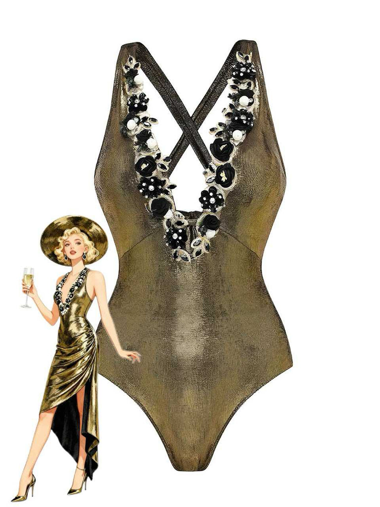 1970s Metallic Deep V-Neck 3D Floral Swimsuit & Cover-Up - vintage swimsuit, pin-up style