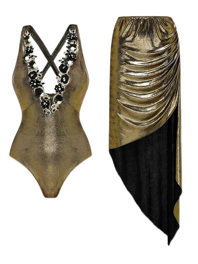 1970s Metallic Deep V-Neck 3D Floral Swimsuit & Cover-Up - vintage swimsuit, pin-up style